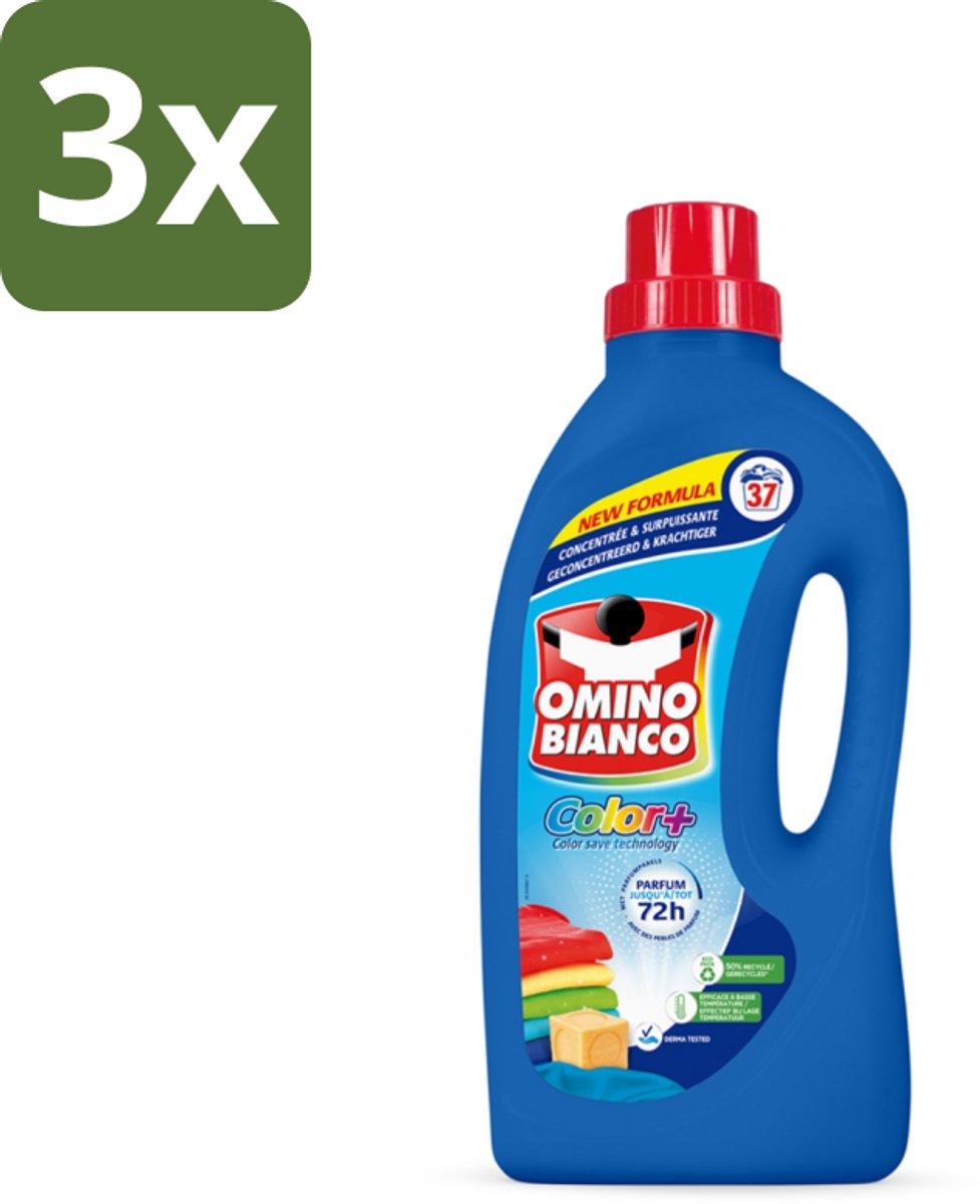 3 x Omino Bianco - Color+ - Wasmiddel - Tot 72h Parfum - Gekleurde Was - 37 Wasbeurten - Kleurbehoud - Wasmiddel - Frisse Geur - Kleuren Beschermen - Wasmiddel Voor Gekleurd Textiel