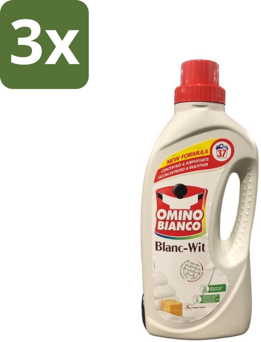 3 x Omino Bianco - Wasmiddel - Geconcentreerd & Krachtig - Witte Was - 37 Wasbeurten - Wit Wasmiddel - Geconcentreerd Wasmiddel - Vlekverwijdering - Witte Was - Wasbeurten