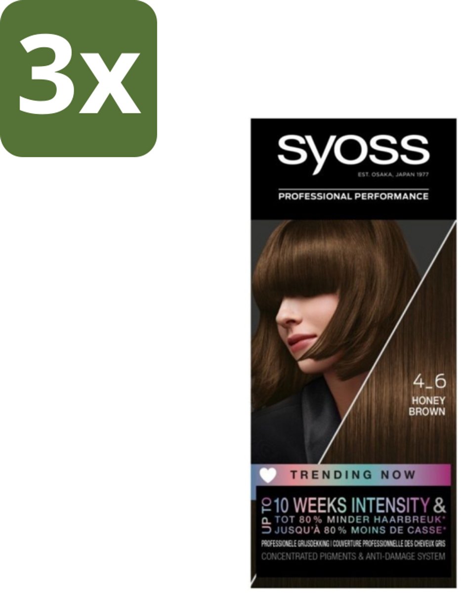 3 x Syoss - Haarverf - 4-6 Honey Brown - 1 Haarkleuring - Haarverf - Permanente Haarkleuring - Honingbruin - Haarverf 4-6 - Salonkwaliteit