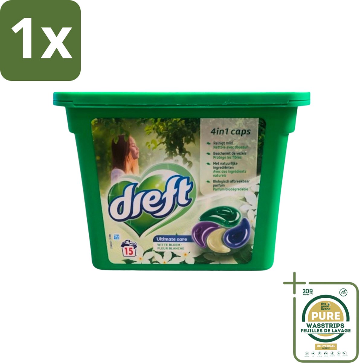 1 x Dreft - Wasmiddelcapsules 4in1 - Witte en Gekleurde Was - Witte Bloem - 15 Wasbeurten- Wasmiddelcapsules - Witte Bloem - Was - Kleurenbeschermer - Vlekkenverwijderer
