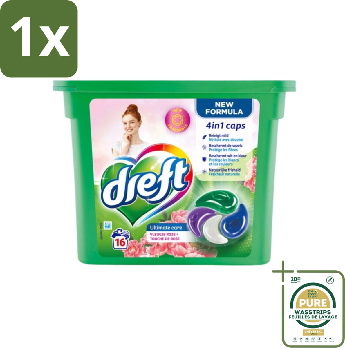 1 x Dreft - Nieuwe Formule - Wasmiddelcapsules 4in1 - Witte en Gekleurde Was - Vleugje Roze - 16 Wasbeurten- Wasmiddelcapsules - Wasbeurten - Kleurbescherming - Frisheid - Wasgoed