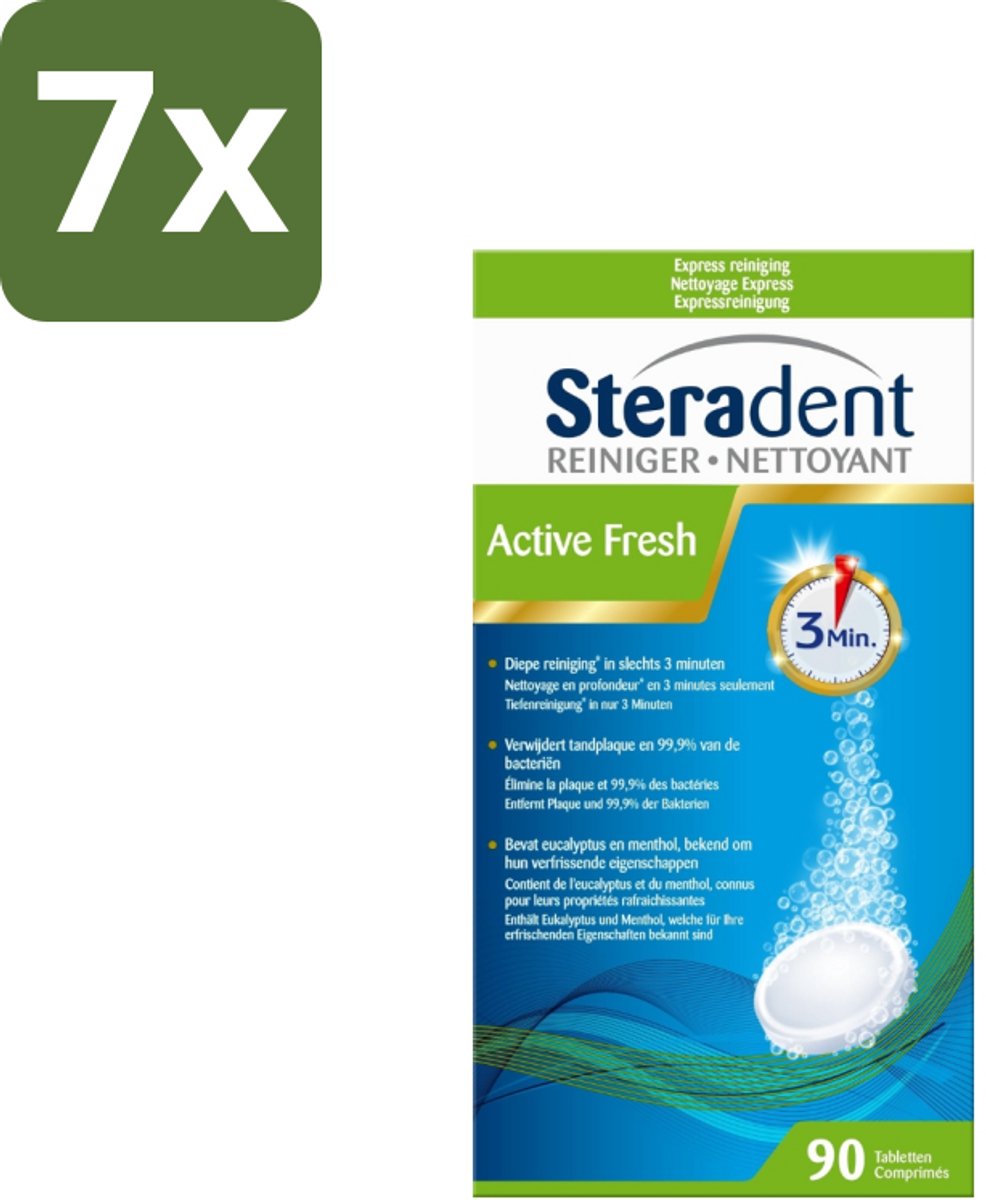 7 x Steradent - Kunstgebitreiniger - Active Fresh - Menthol En Eucalyptus - 90 Tabletten - Kunstgebit Reinigen - Kunstgebit Reiniging - Kunstgebit Reiniging Tabletten - Kunstgebit Frisheid - Kunstgebit Geur