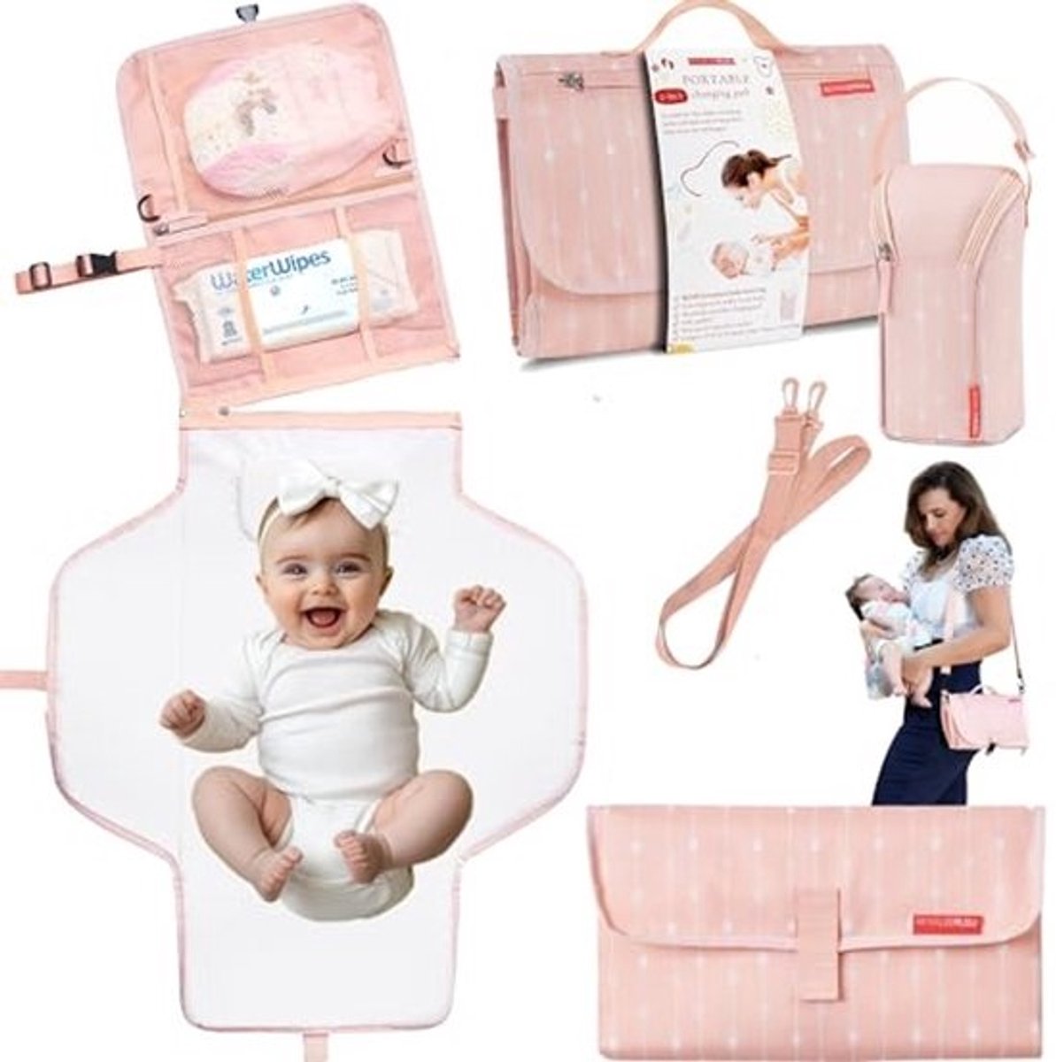 Waterdicht Draagbaar Verschoonkussen met Geheugenschuim en Babyfleszak - 2-in-1 Luierkoppeling en Comfortabel Hoofdkussen