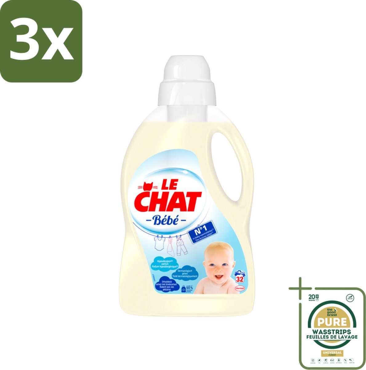 3 x Le Chat Vloeibaar Wasmiddel Bébé 32 Wasbeurten 1440 ml - Grootverpakking - Wasmiddel Voor Baby - Hypoallergisch Wasmiddel - Wasmiddel Voor Gevoelige Huid - Wasmiddel Voor Kinderen - Wasmiddel Tegen Babyvlekken