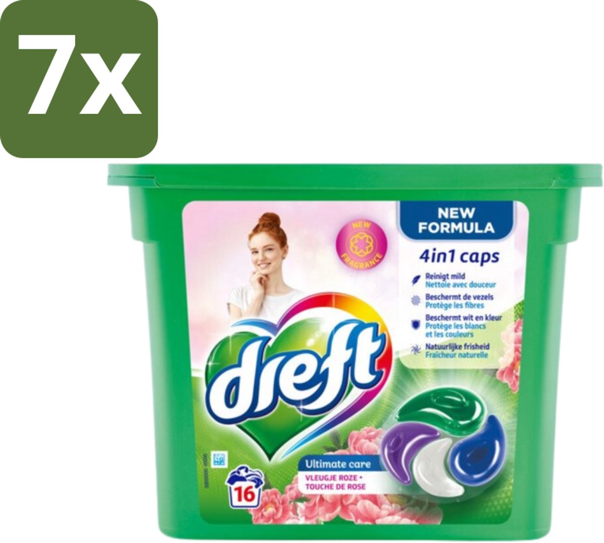 7 x Dreft - Nieuwe Formule - Wasmiddelcapsules 4in1 - Witte en Gekleurde Was - Vleugje Roze - 16 Wasbeurten - Wasmiddelcapsules - Wasbeurten - Kleurbescherming - Frisheid - Wasgoed