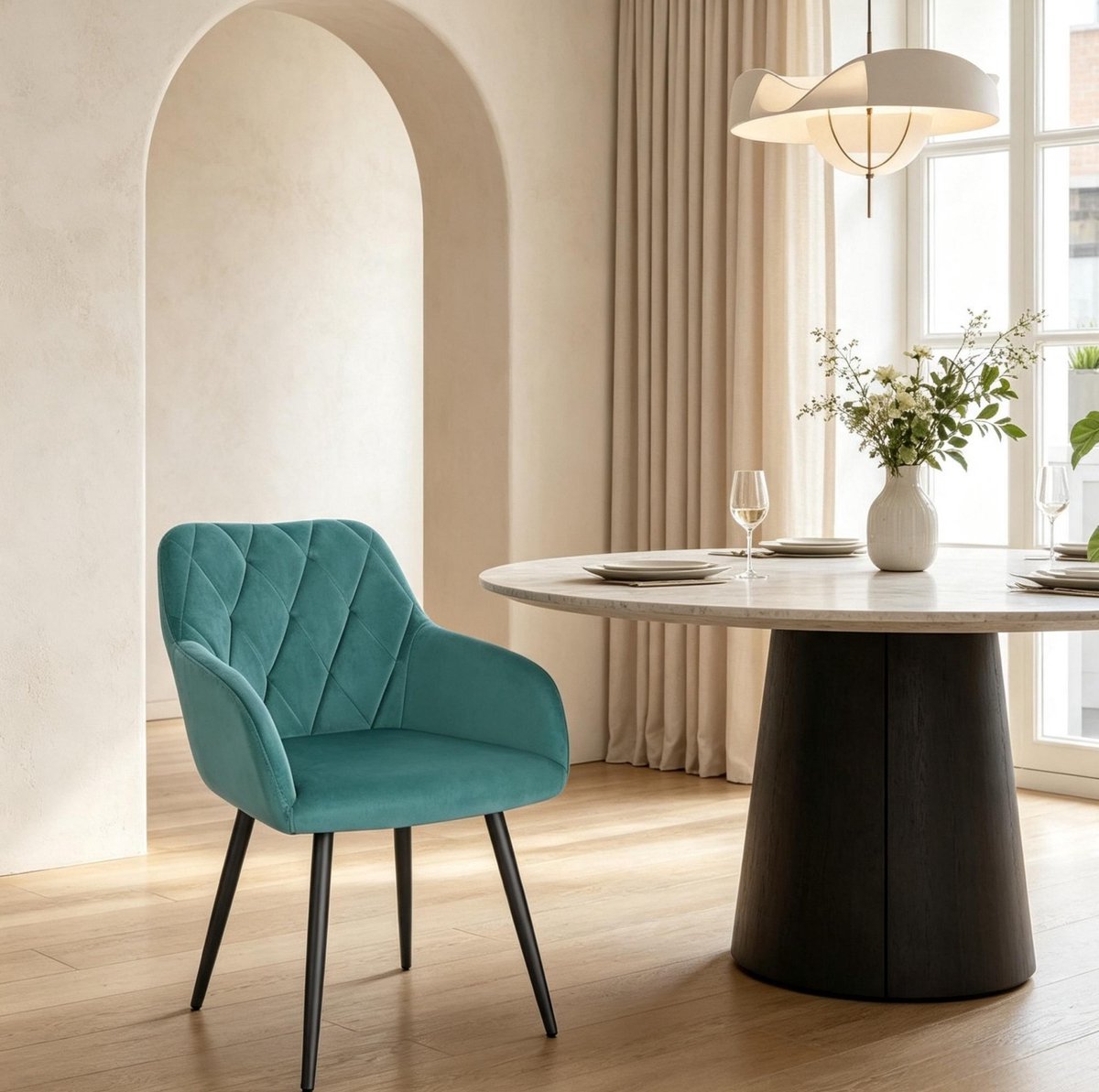 COVREO Eetkamerstoel 44 x 42,5 x 79 cm Teal Blue velvet met armleuningen en metalen onderstel