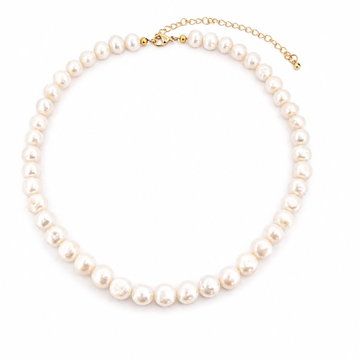 Korte parelketting bruidsketting met 8mm ivoorkleurige zoetwaterparels lengte 38-48 cm met stalen goudkleurige ketting