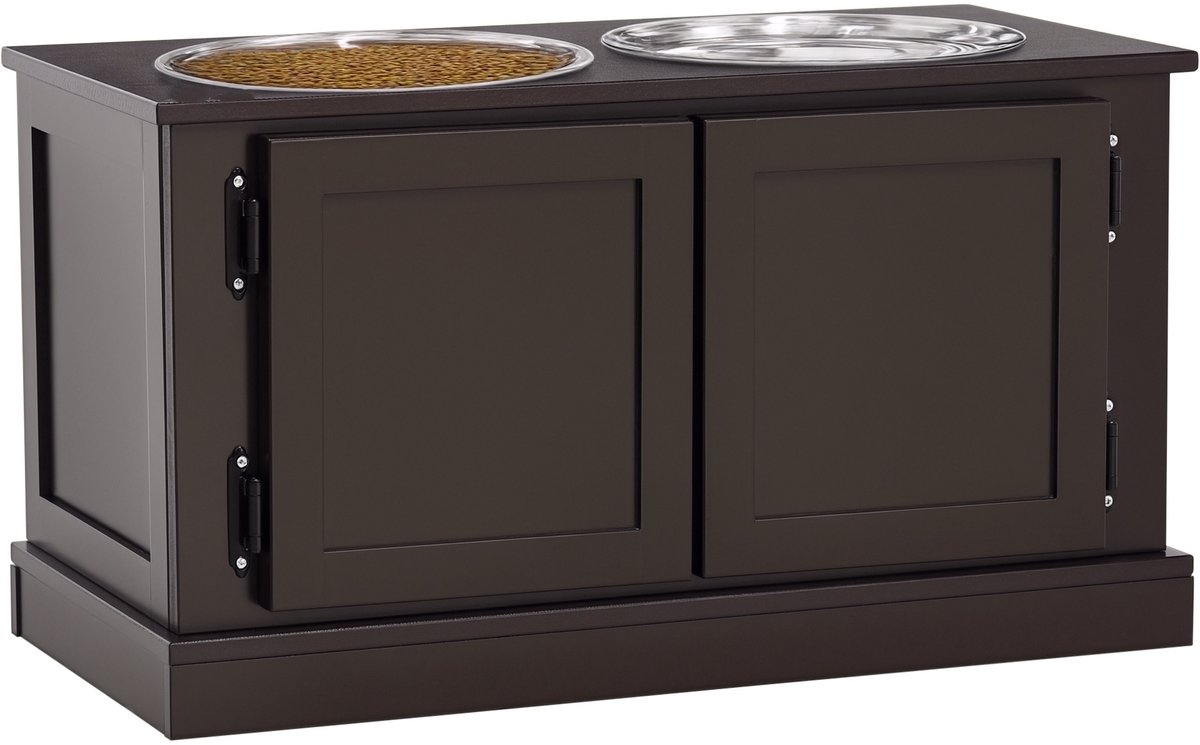 ECTEATOY® Hondenvoerbak - Voerbak Hond met standaard - met Opbergruimte - Inclusief 2 RVS Voerbakken - 60 x 30 x 34 cm - Bruin