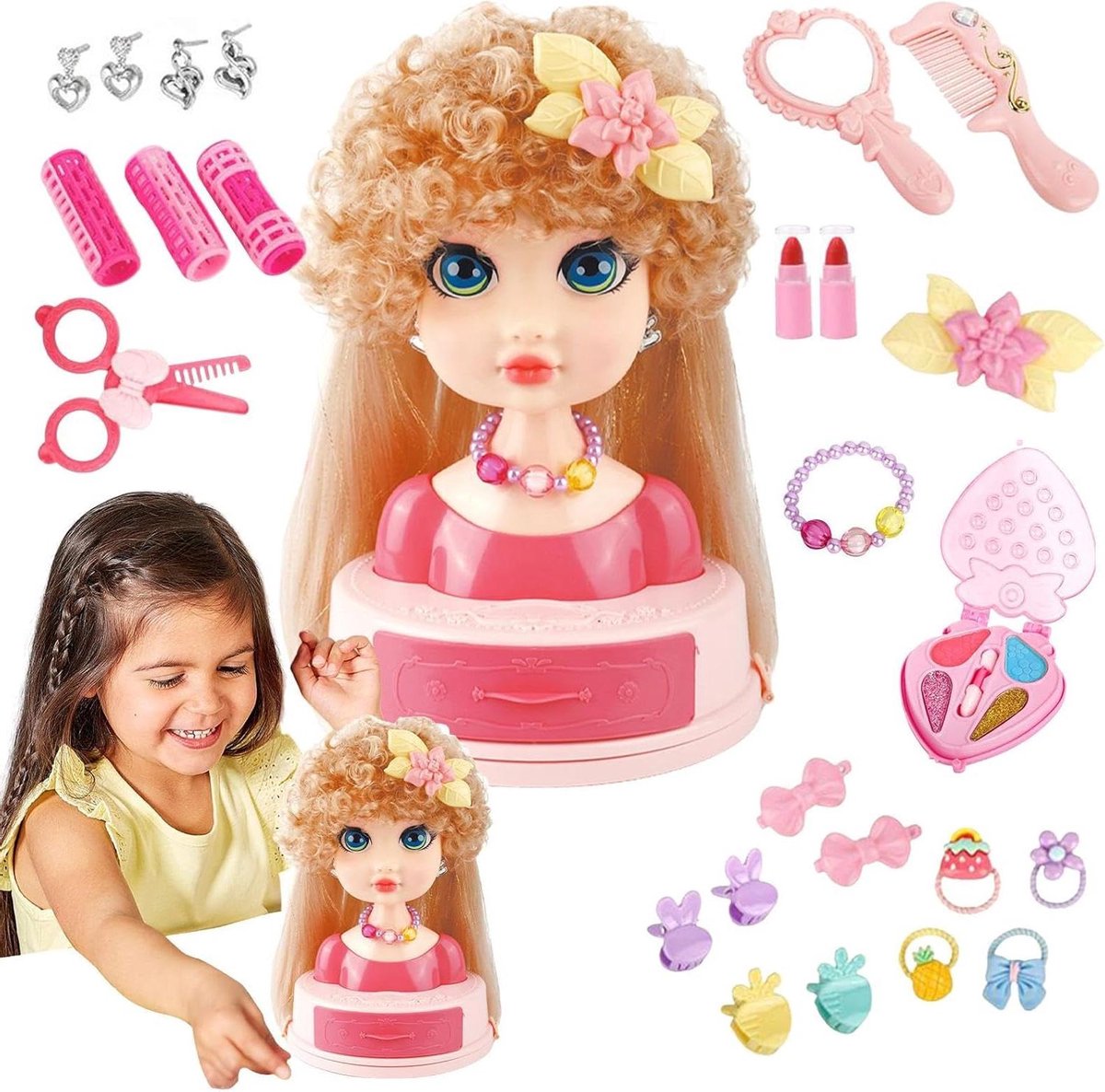 Kappershoofd Set - Oefenhoofd Styling - Kinderen Leren Stijlen - Inclusief 26 Accessoires - 30 x 30 x 18 cm