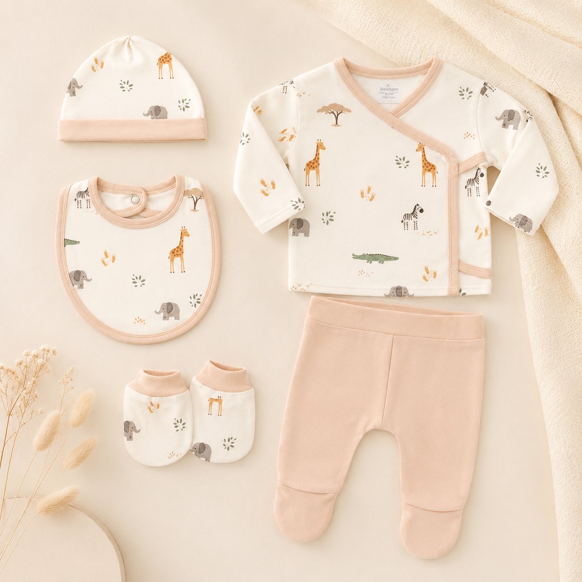 newborn set - 5 stuks - 0-6 maanden - slab - kledingset - muts & mittens - beige - safari