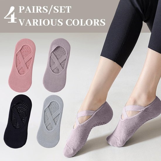Antislip yogasokken - set van 4 paar - damesmodel (pilates- & balletstijl) - ademend katoen - met antislipnoppen - geschikt voor pilates & barre-Zwart + Leigrijs + Mauve + Lichtpaars — afbeelding 4