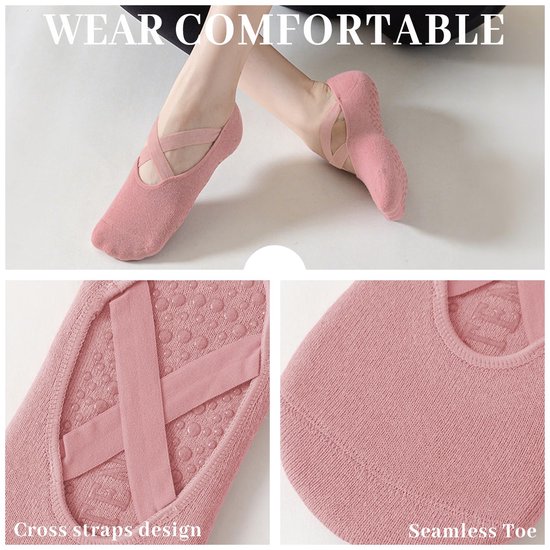 Antislip yogasokken - set van 4 paar - damesmodel (pilates- & balletstijl) - ademend katoen - met antislipnoppen - geschikt voor pilates & barre-Zwart + Leigrijs + Mauve + Lichtpaars — afbeelding 2