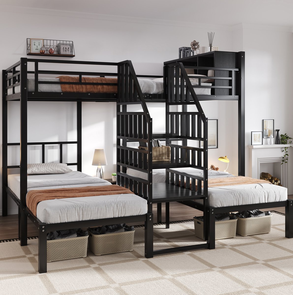 COVREO Stapelbed 239x208x161 cm zwart met trap en opbergruimte voor kinderen