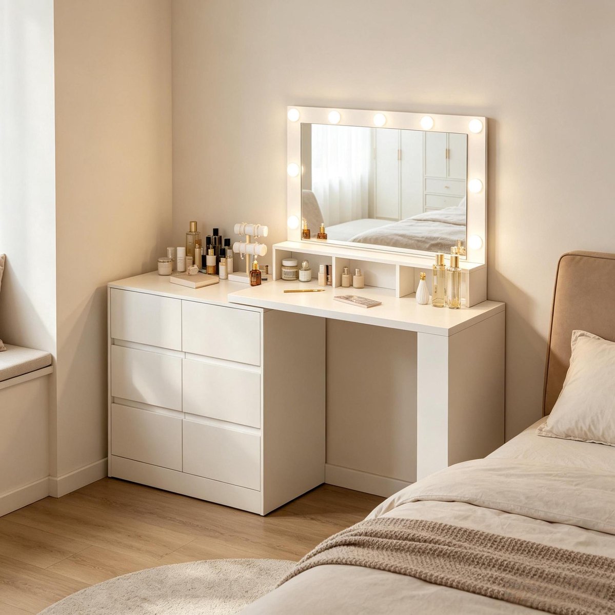 MODENUIT Kaptafel 90 x 134,5 x 40 cm - Rechthoekige Led Spiegel Met Usb En 3 Lichtstanden - Make-Up Tafel Voor Slaapkamer - Hout - Wit
