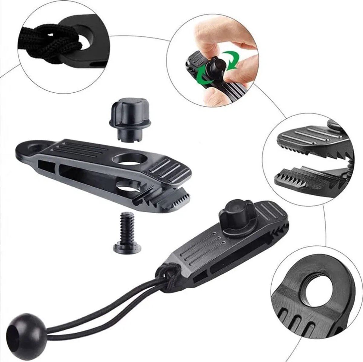 Deze 24-delige set dekzeilclips bevat 12 multifunctionele dekzeilclips Geschikt voor krokodillenbek en borgschroeven, 12 dekzeilspanners Geschikt voor kogelkoppen, tentclips, dekzeilclips