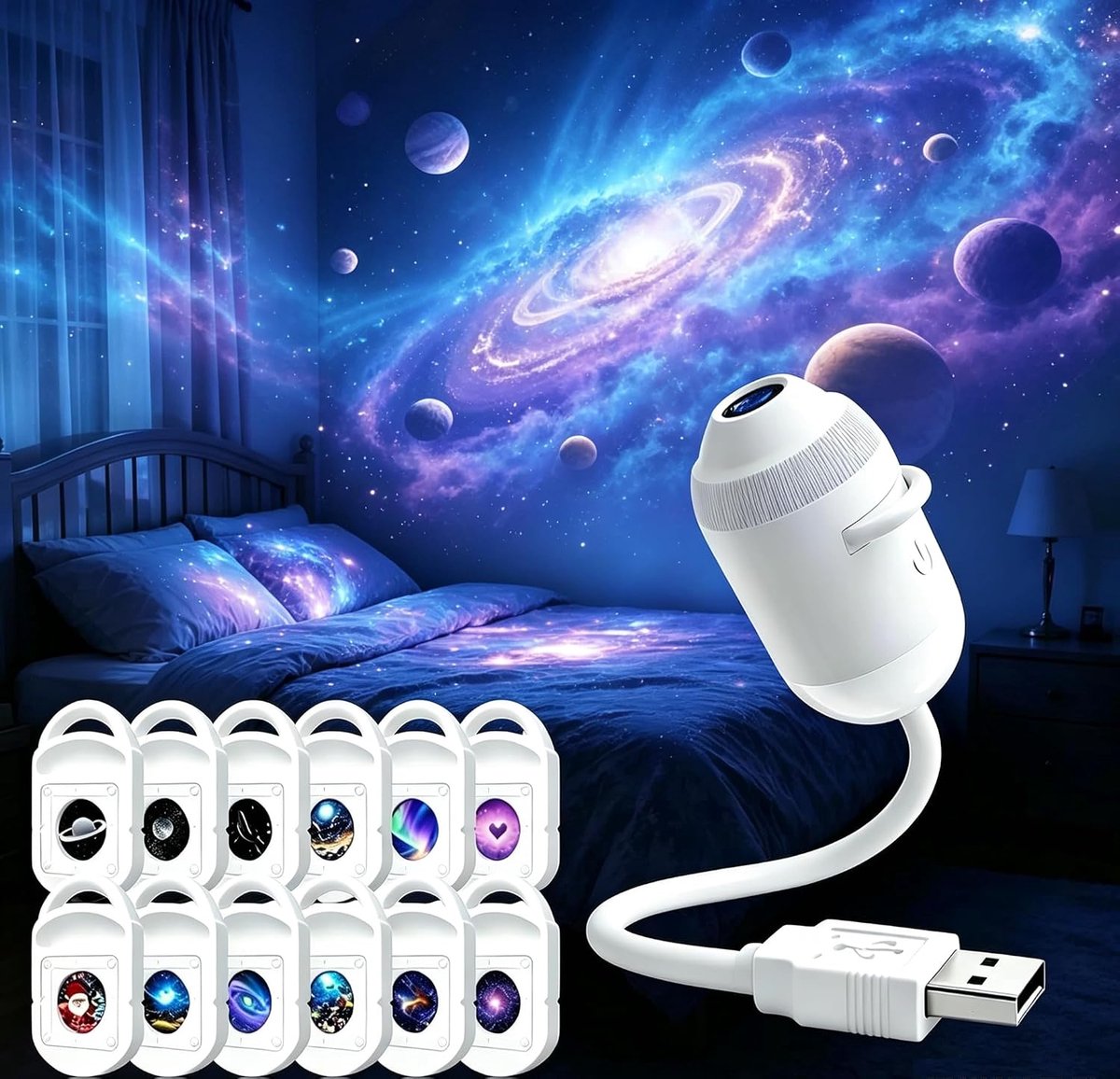 HD dynamische 5D holografische sterrenhemel‑projector, thuisplanetarium nachtlamp, plug‑and‑play, 360° verstelbaar, USB‑voeding, sfeervol cadeau voor kinderen, [Energieklasse A+]（12）