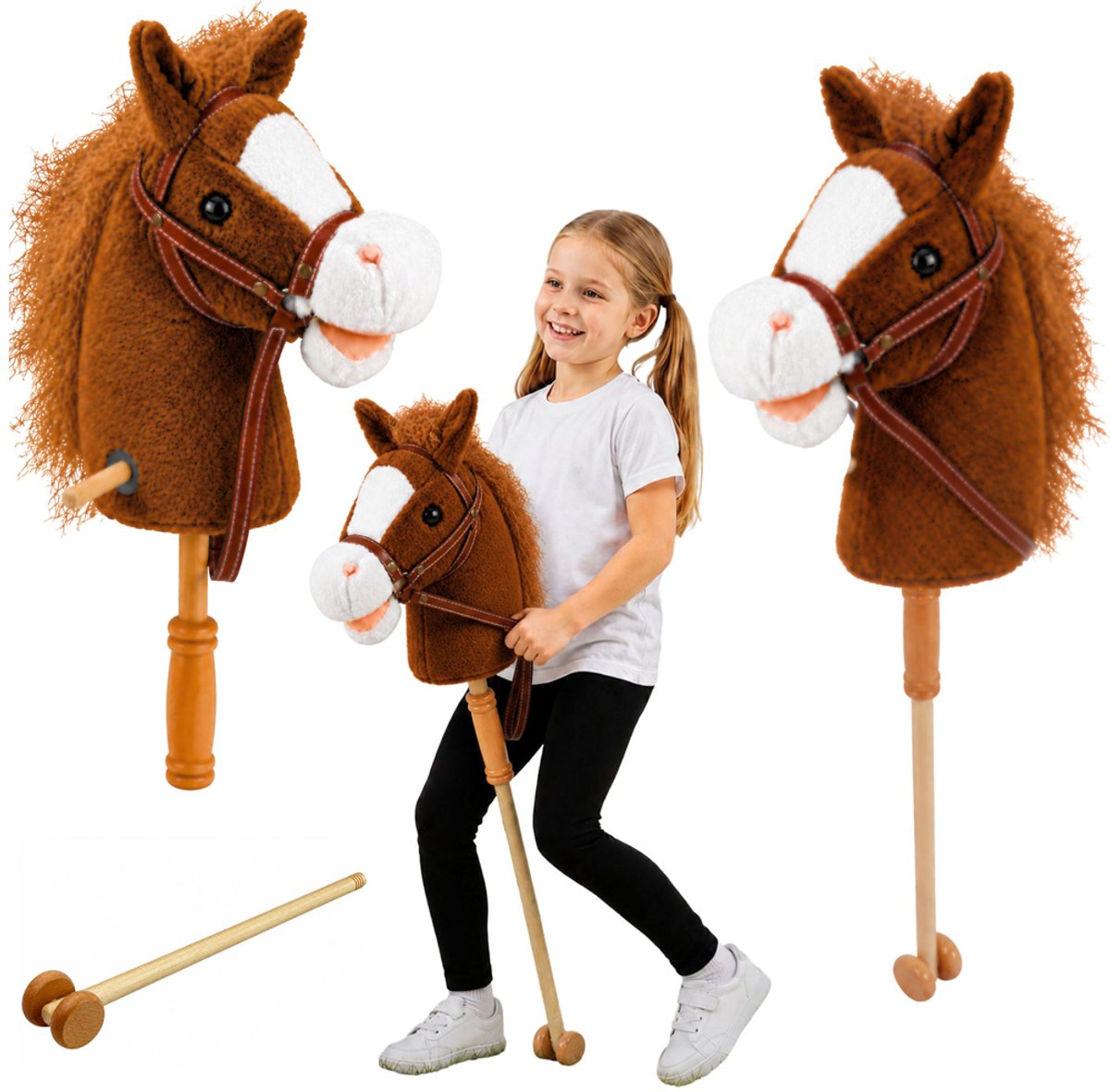 Playos® - Stokpaard op Wielen - Donkerbruin - met Geluid - 100 cm - Pluche Speelgoed - Hobby Horse - Stokpaardje - Eenhoorn