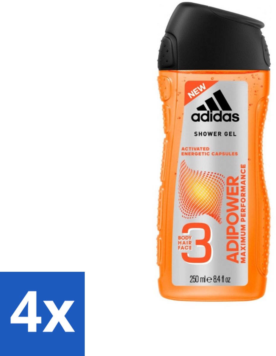 Adidas - 3-in-1 Douchegel - Adipower Maximum Performance -250 ml - Voordeelverpakking - 4 stuks