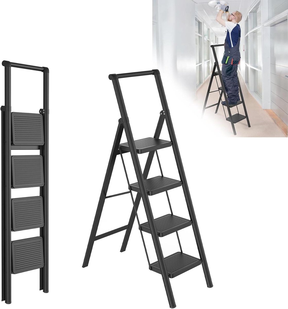 Trapladder 4 treden - Vouwladder met leuning - Huishoudelijk werk - Inklapbaar en antislip - Tot 250 kg - Zilver