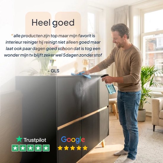 Man spuit en poetst een donker meubel. Tekst: "Heel goed". Trustpilot en Google reviews.