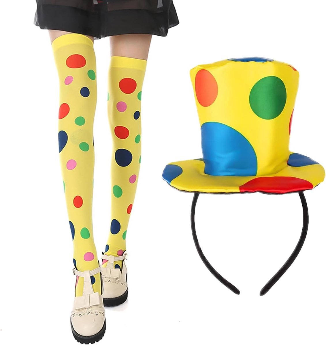 Compleet Clown Kostuum met Lange Sokken en Hoed voor Volwassenen - Unisex Halloween Outfit in Geel, Maat One Size, Perfect voor Feestjes en Carnavalsvieringen