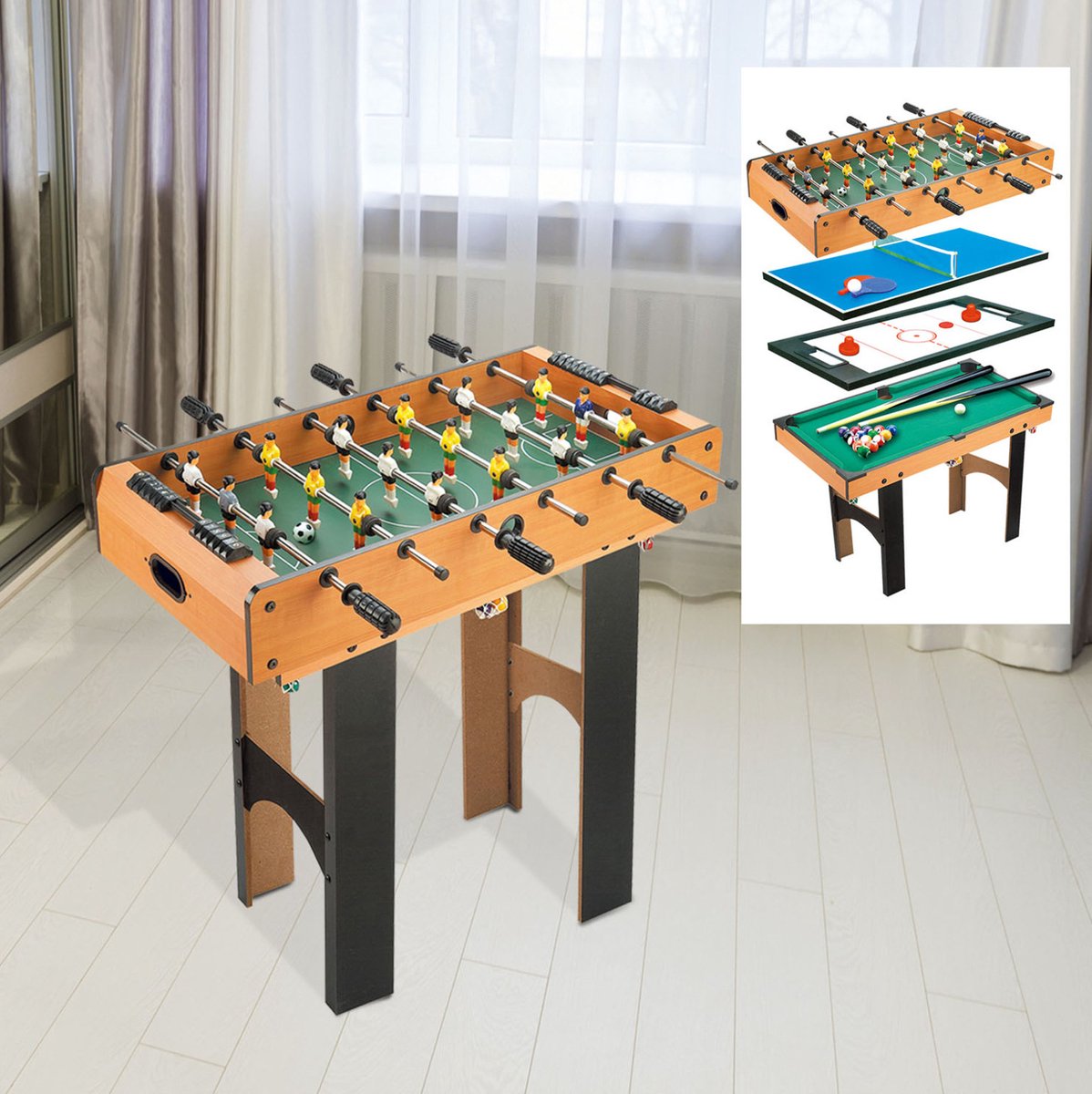 REDOM - Multifunctionele speltafel - 4-in-1 - tafelvoetbal, airhockey, tafeltennis en minibiljart - MDF - Woonkamer - Natuurlijk hout - 92 x 78 x 80 cm