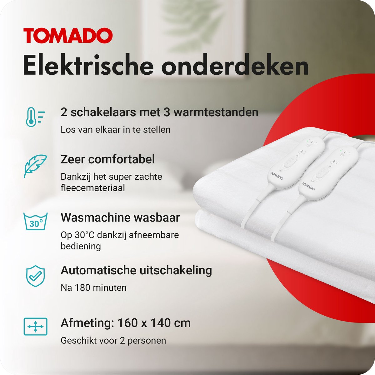 Tomado TEB2505W Elektrische Deken 2 Persoons met 3 Warmtestanden - afbeelding 2