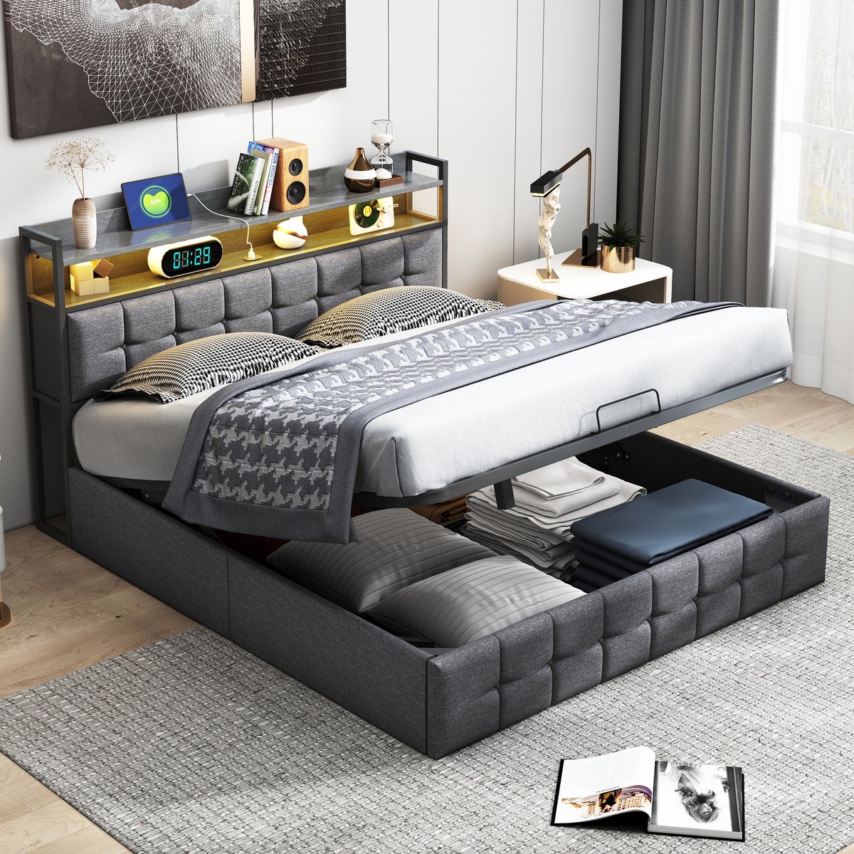 Tweepersoonsbed 140x190 cm, volwassen bed met LED en opbergruimte, gestoffeerd hoofdbord met vakken, opbergbed, linnen, grijs, zonder matras