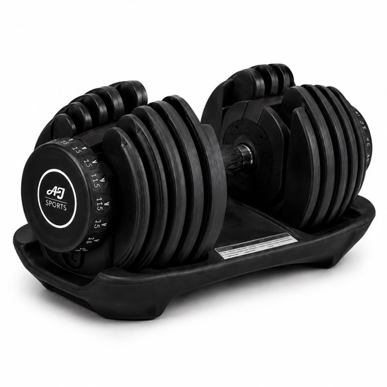 Zwarte verstelbare dumbbell van AJ-Sports op een zwarte houder. De gewichten zijn zichtbaar op de zijkant.