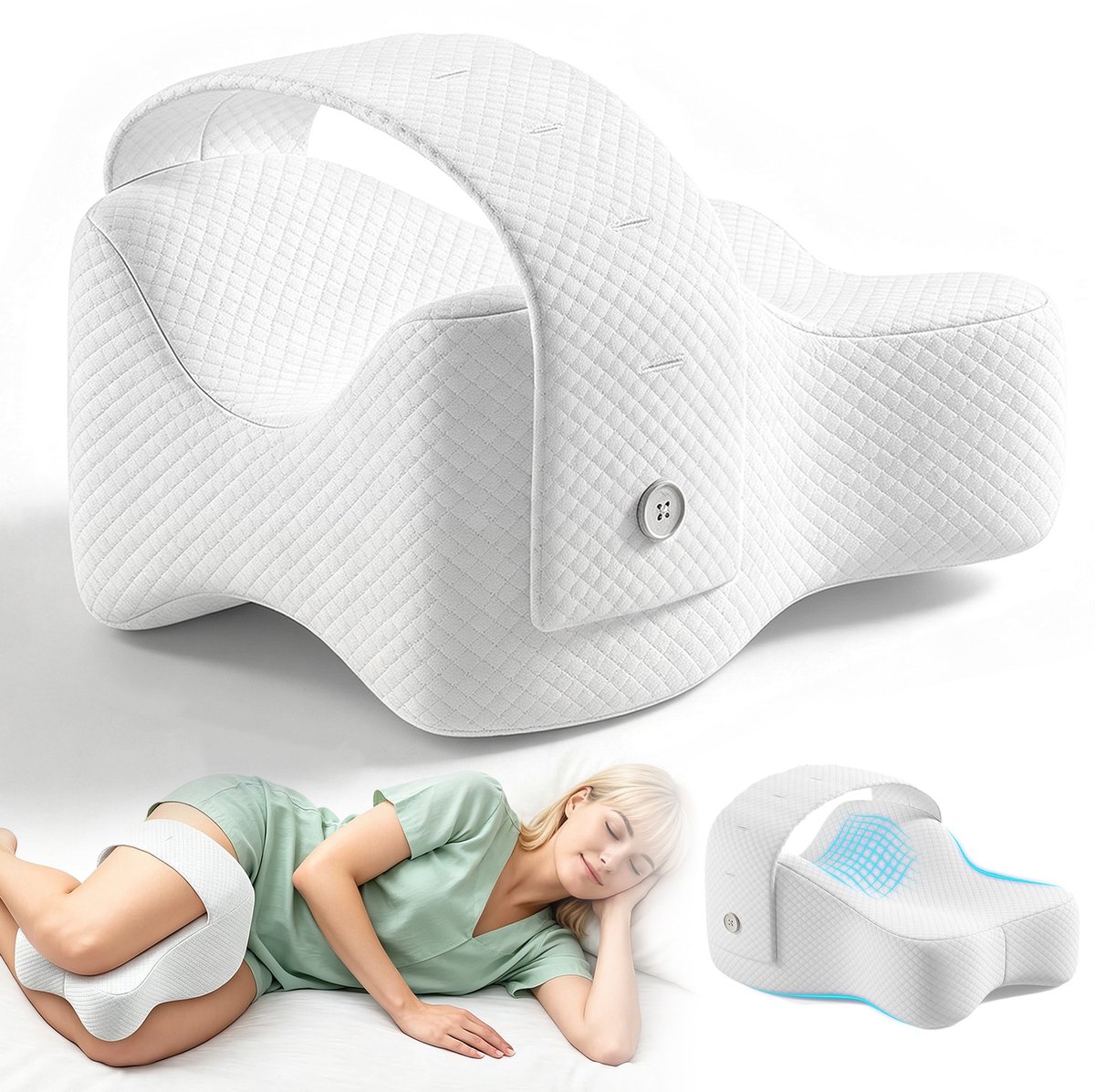 Orthopedisch Kniekussen met Band - Kniekussen Voor in Bed - Zijslaapkussen - Traagschuim - Ergonomisch - Huidvriendelijk & Ademend - Afneembare Hoes - Verlicht Heup & Lage Rugpijn - Voor Zijslapers & Zwangeren