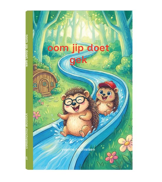 Twee egels glijden op een waterglijbaan in een bos. Titel: oom jip doet gek.