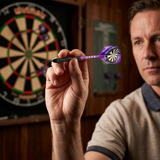 Paars zwart dartpijlen set 3 stuks 24g dartpijlen heren dames metalen punt professionele darts met paarse shafts en dartbord flights — afbeelding 4