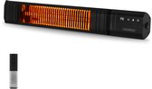 Zwarte terrasverwarmer met gloeiend element en een zilveren afstandsbediening.
