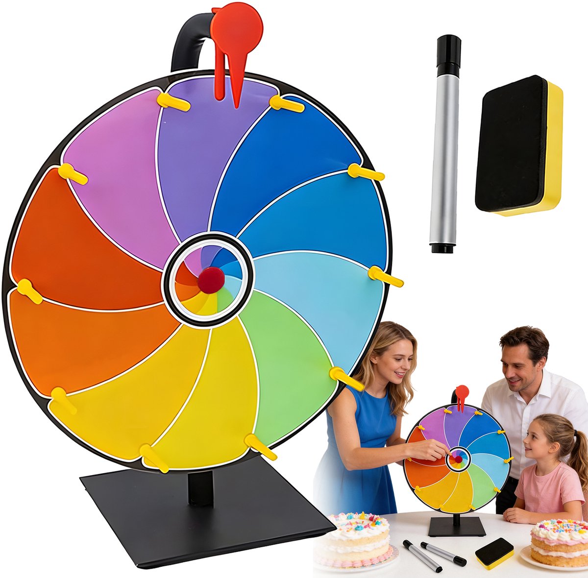 Rad van Fortuin - Draaiwiel 30 cm - Uitwisbaar - 10 Schrijfvakken - Metalen Voet - met Afneembaar Statief - Gezelschapsspel - Inclusief Whiteboardstift & Gum - Voor Feesten en Promoties- Herbruikbaar