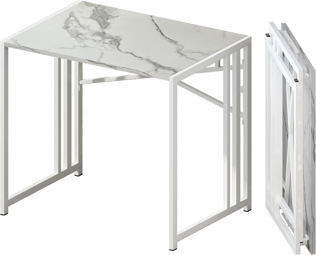 Klein Opvouwbaar Bureau voor Schrijven en Gamers, 83 cm, Wit Marmer, Ideaal voor Thuiswerk en Studeren