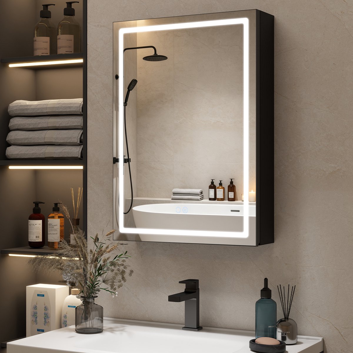 Puluomis Spiegelkast met LED Verlichting - Aluminium badkamer spiegelkast - 50x70 cm - Ontwasemen - Badkamerkast - Zwart