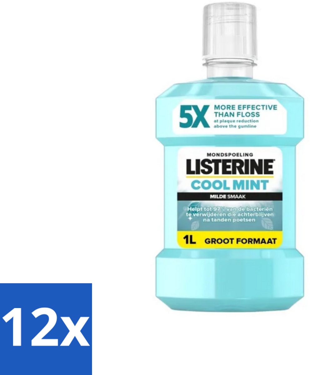 12 x Listerine – Mondwater – Cool Mint – Milde smaak zonder alcohol – 1 liter - Mondspoeling - Mondhygiëne - Tandplak - Tandvleesgezondheid - Frisse Adem