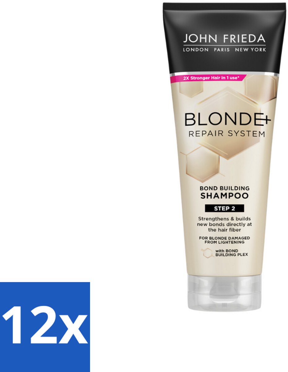 12 x John Frieda – Shampoo – Blonde+ Repair Bond Building – Herstellend – 250 ml - Blond Haar Herstellen - Beschadigd Haar Herstellen - Bond Building Shampoo - Herstel Shampoo - Sterk Haar