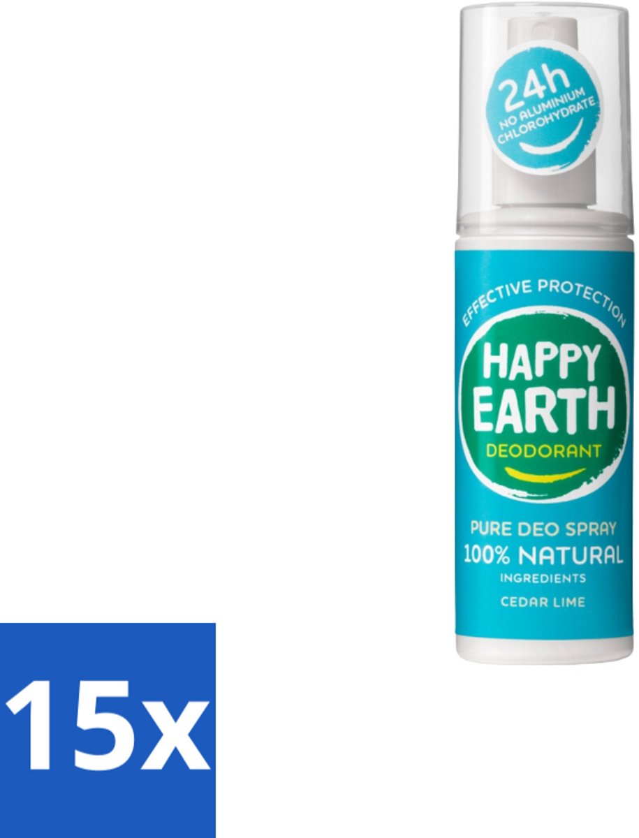 15 x Happy Earth – Deodorant Spray – 100% Natuurlijk Cedar Lime – 100 ml - Ceder Lime Deodorant - Natuurlijke Deodorant Spray - Vegan Deodorant - Anti-Geur Spray - Geur Ceder Lime