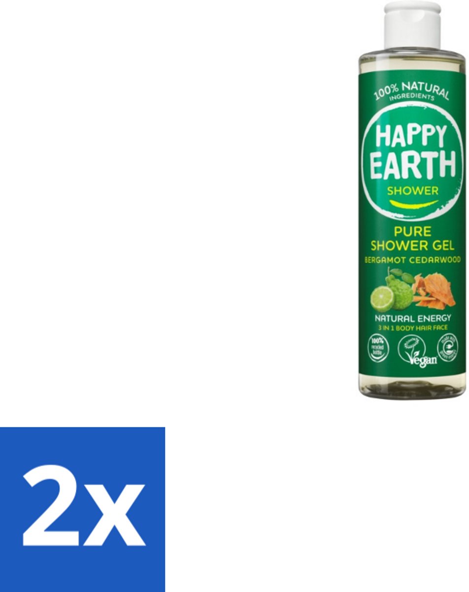 2 x Happy Earth – Douchegel – 100% Natuurlijk Bergamot Cedarwood – 300 ml - Douchegel Bergamot Cederhout - Natuurlijke Douchegel - Vegan Douchegel - Biologische Douchegel - Huidvriendelijke Douchegel