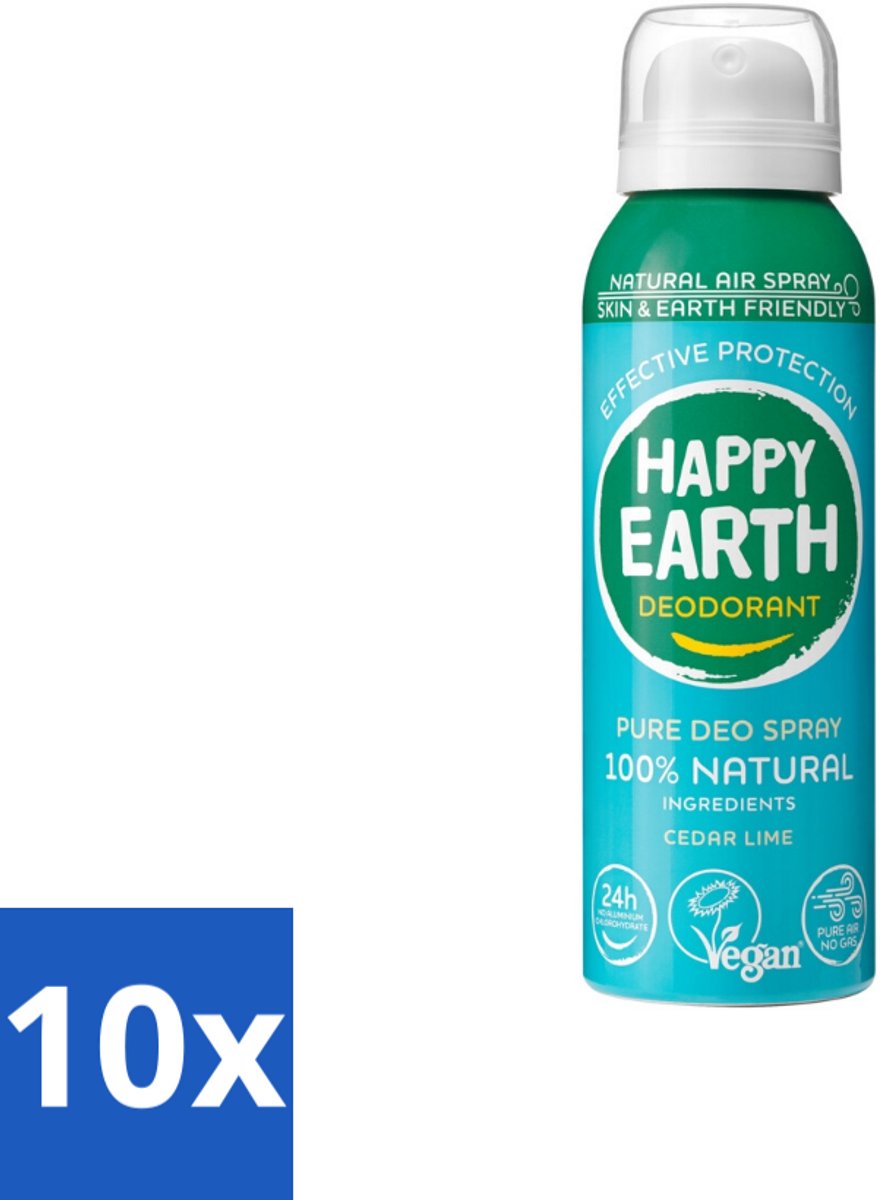 10 x Happy Earth – Deodorant Natural Air Spray – 100% Natuurlijk Cedar Lime – 100 ml - 100% Natuurlijke Deodorant - Ceder Lime Spray - Frisse Geur - Aerosol Deodorant - Natuurlijke Deodorant