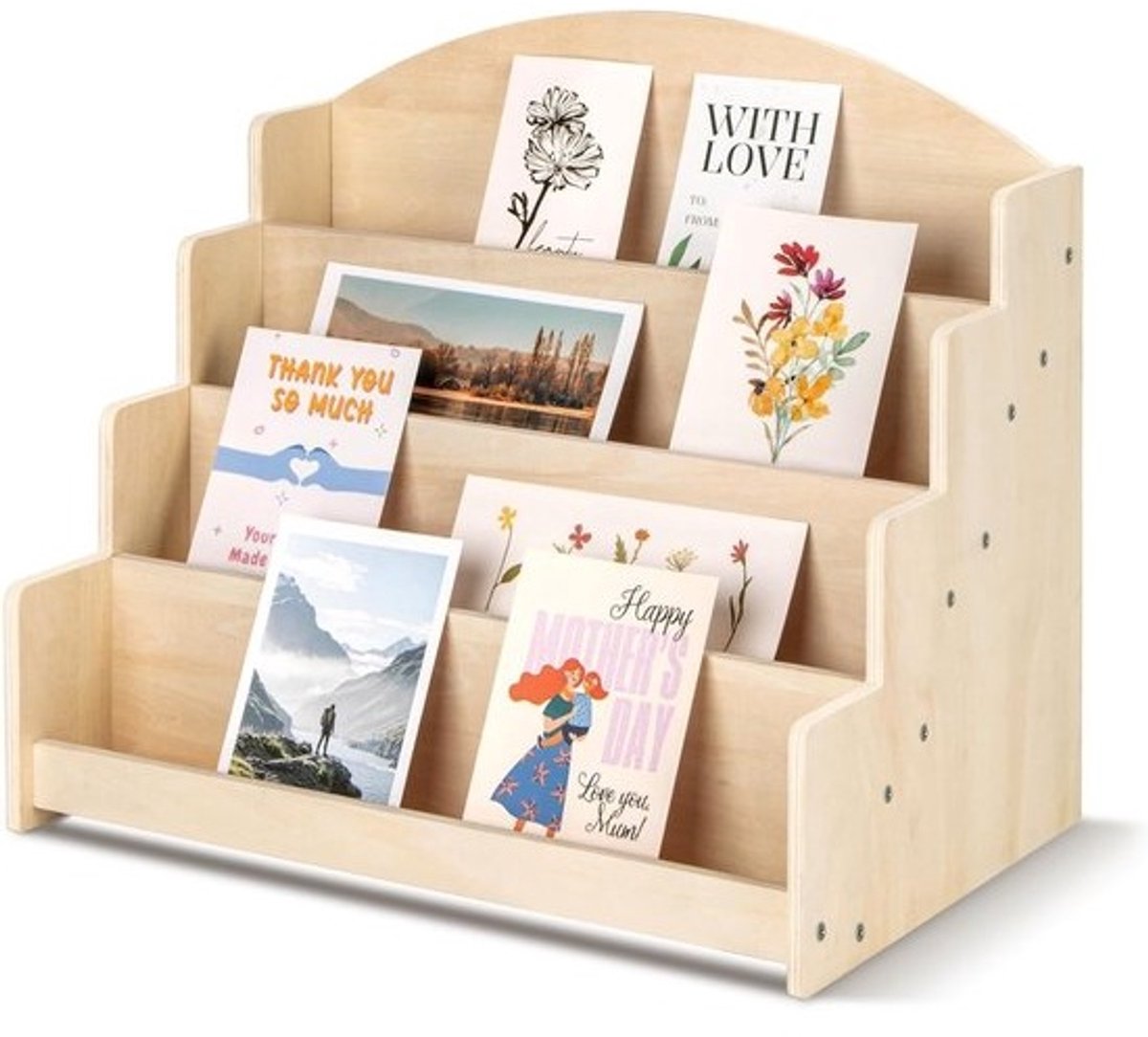 Wenskaarten Organizer - Houten Display - 4-Lagen Presentatie - Rustiek Bruin - Voor Woon- en Winkels