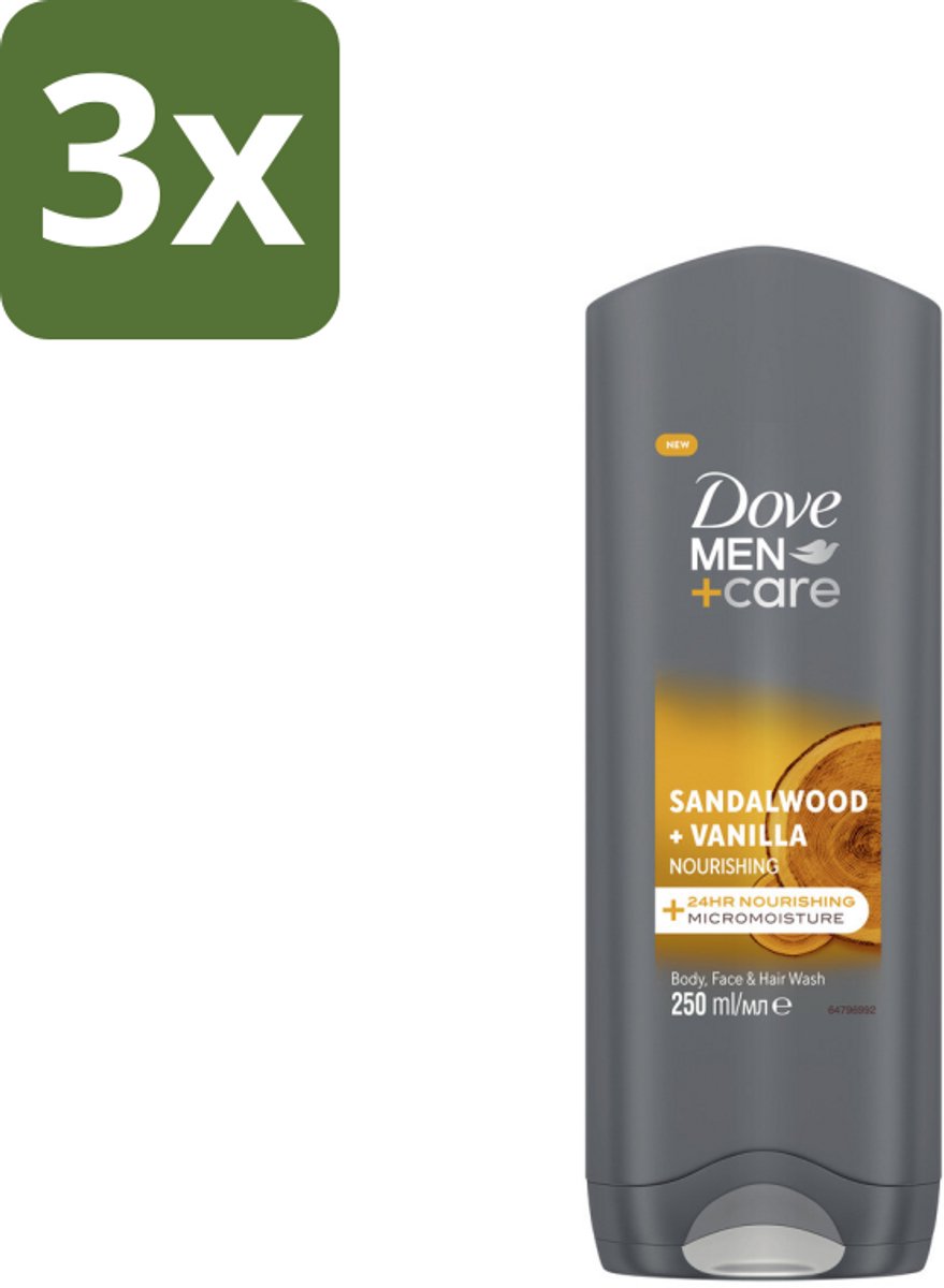 3 x Dove – Douchegel – Men+Care Sandalwood & Vanilla – 250 ml - Douchegel Mannen - Douchegel Voor Mannen - Douchegel Voor Huid - Douchegel Voor Gezicht - Douchegel Voor Haar