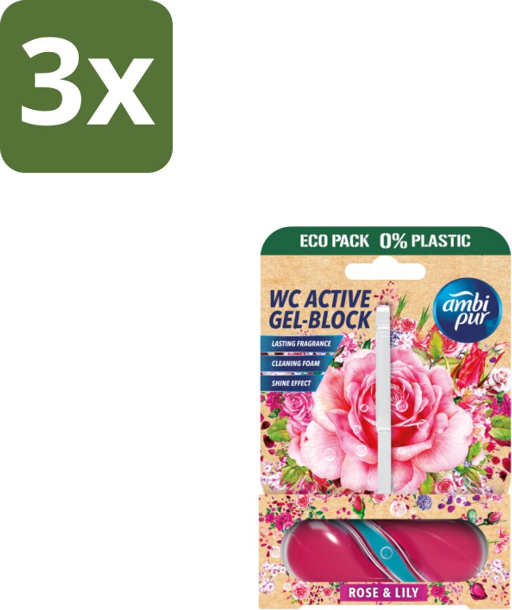 3 x Ambi Pur – Toiletblok – Roos & Lelie – 45 g - Toiletblok Roos En Lelie - Toilet Reinigen - Toilet Fris - Toilet Geur - Toilet Blok