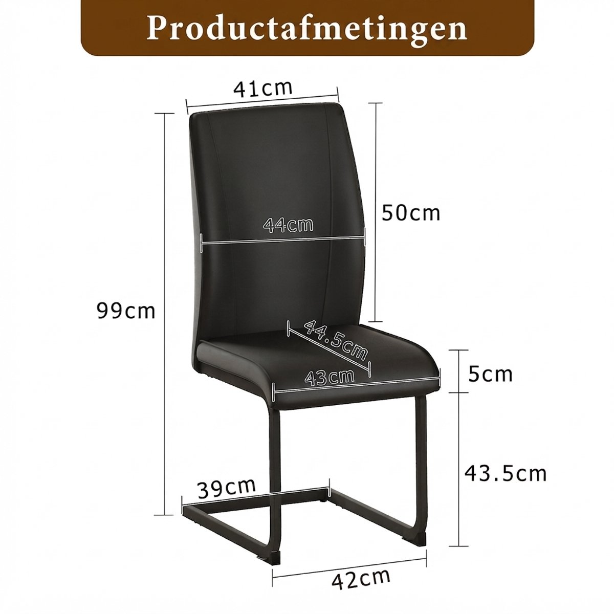 VVBV Set van 2 Eetkamerstoelen 43x44,5x99 cm - Ergonomisch - Zwart, Metaal/Stof