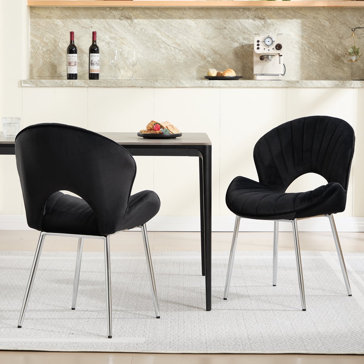 VVBV Set van 2 Eetkamerstoelen 53x62,5x83 cm - Antislip Voeten - Zwart, Fluweel