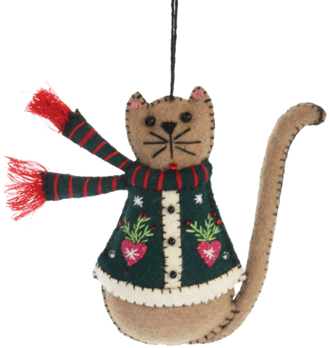 Kat met sjaal bruin/ groen, vilt 9x2x10cm