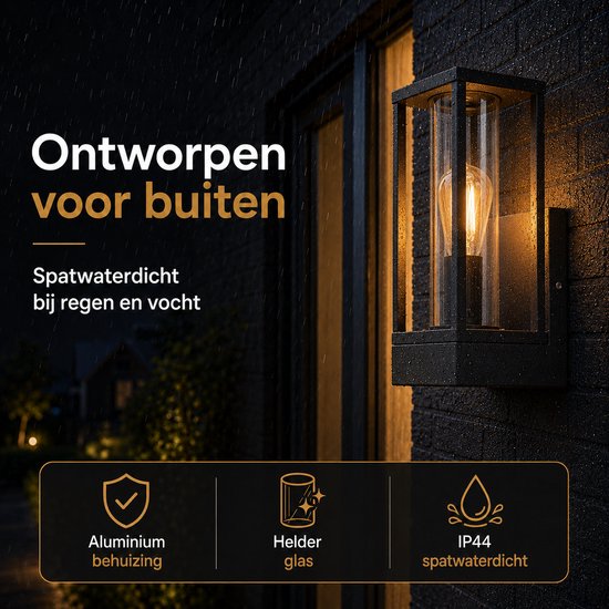 Zwarte buitenwandlamp met aluminium behuizing, helder glas en IP44-spatwaterdicht.