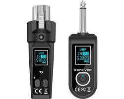 Upgrade 2,4 GHz draadloze XLR-zender en -ontvanger met ingebouwde oplaadbare lithiumbatterij voor dynamische microfoons, audiomixers, elektrische gitaren en basgitaren (1 ontvanger + 1 zender)