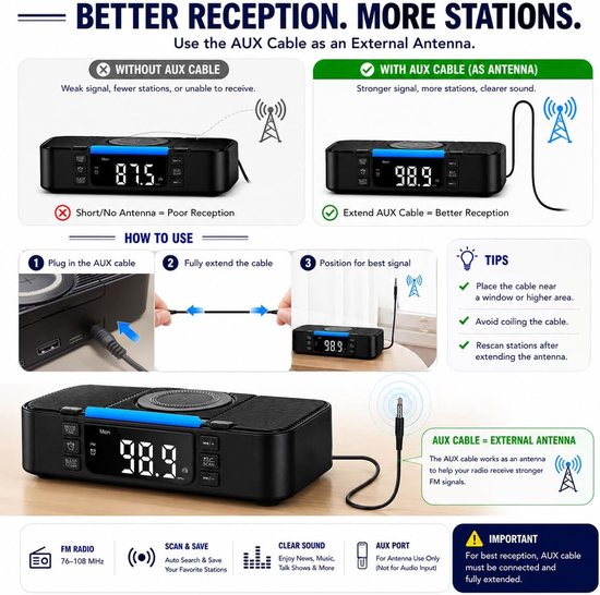 9-in-1 draadloos laadstation met Bluetooth-luidspreker, wekker, FM-radio en nachtlampje - compatibel met iPhone 17/16/15/Samsung S25/S24/Android, USB/Type-C/AUX, telefoonhouder, DP-013C zwart — afbeelding 5